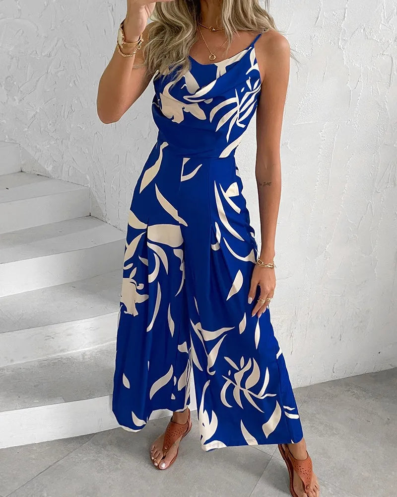Elegant High-Waist Printed Wide-Leg Jumpsuit