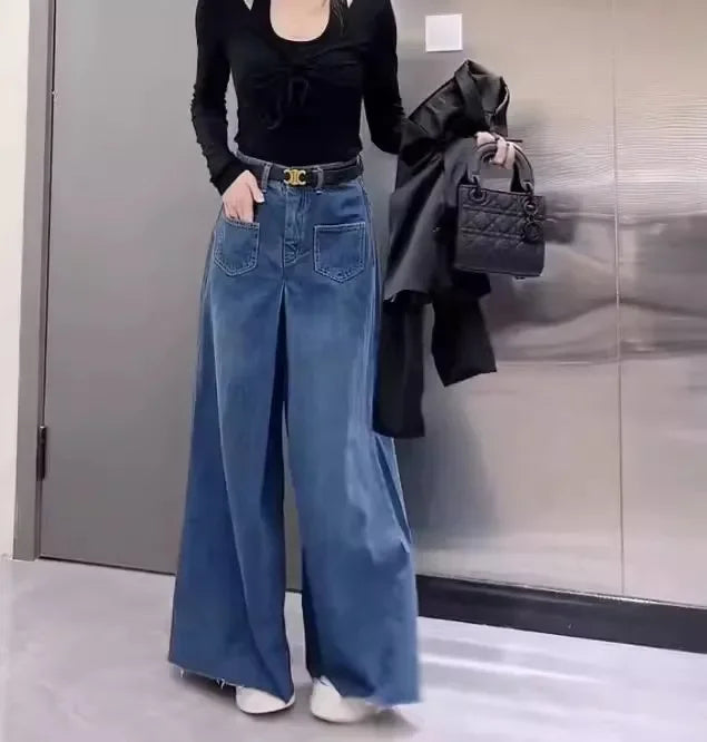 Retro High-Waist Wide-Leg Denim Pants