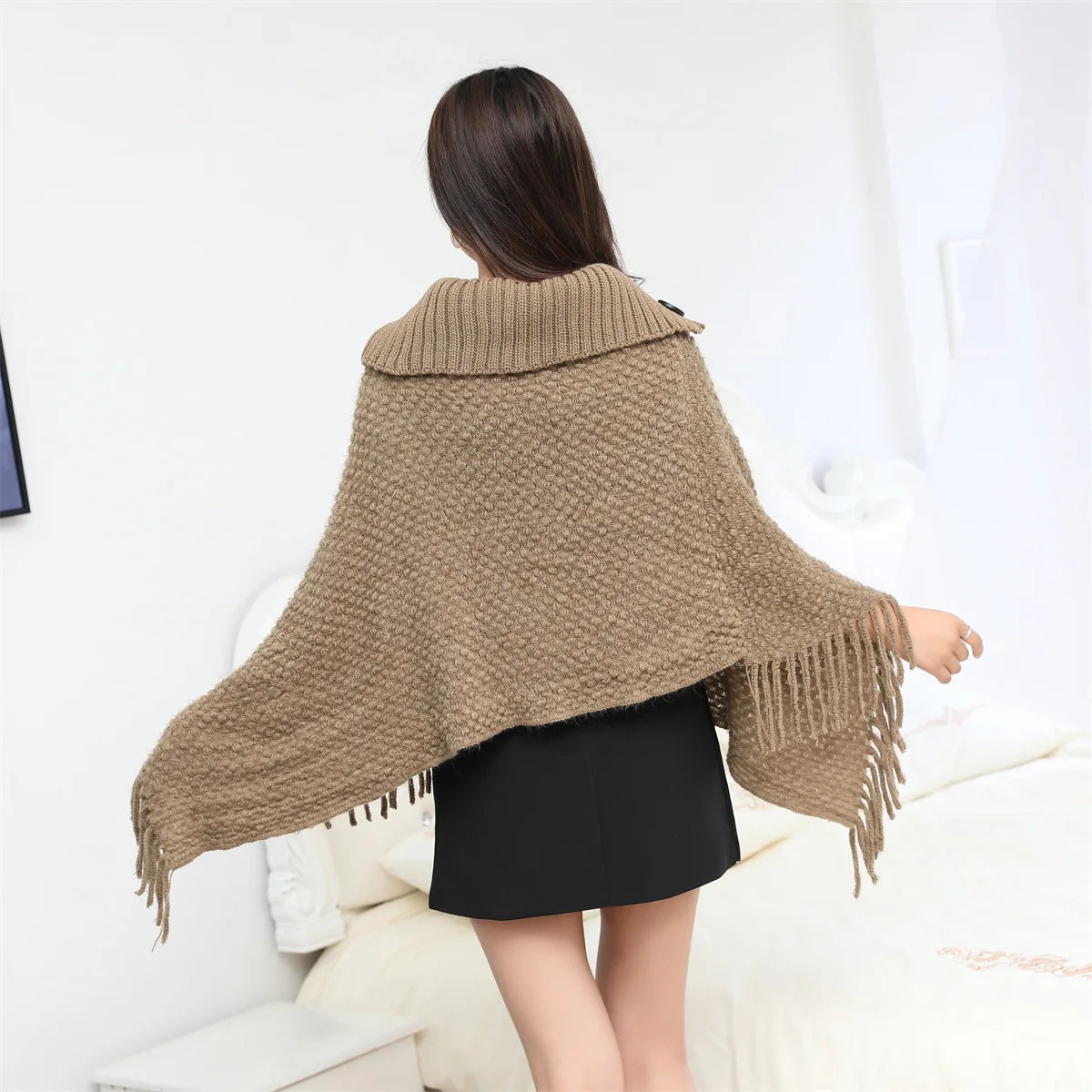 Boho Fringe Knit Cape