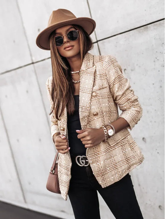 Vintage Plaid Double-Breasted Blazer