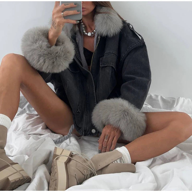Faux Fur Collar & Cuffs Denim Jacket