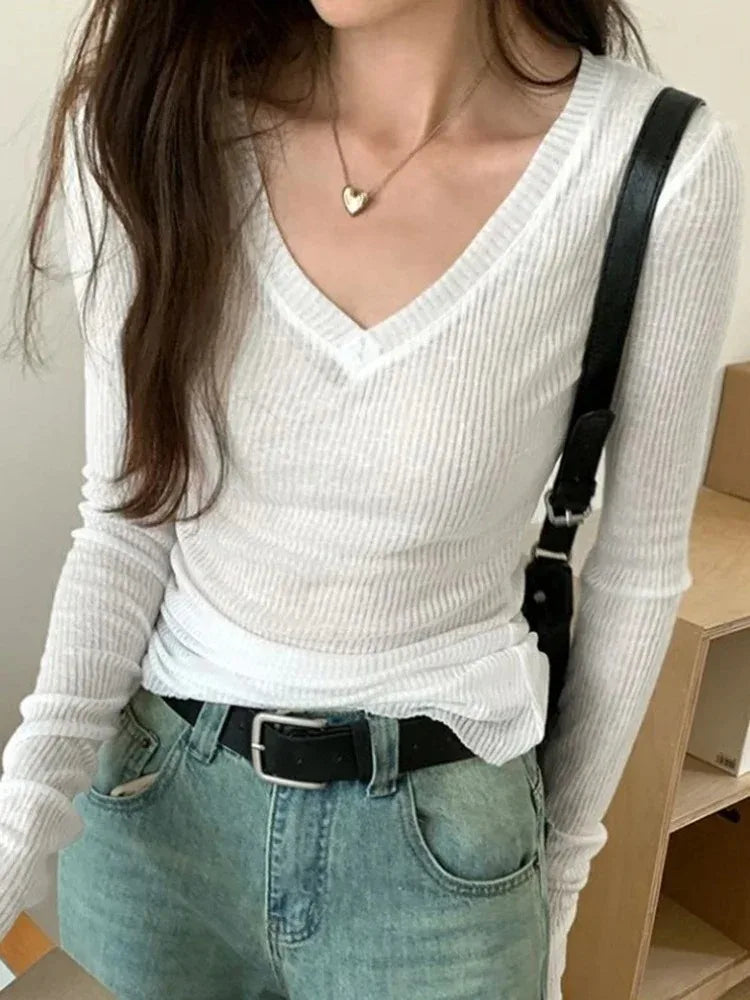 Sheer Stretch V-Neck Long Sleeve Tee