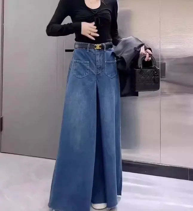 Retro High-Waist Wide-Leg Denim Pants