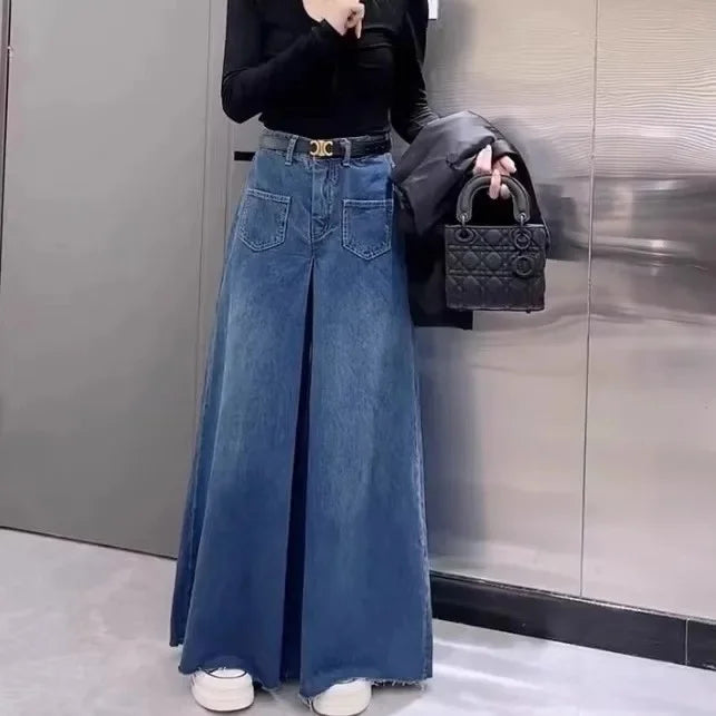 Retro High-Waist Wide-Leg Denim Pants
