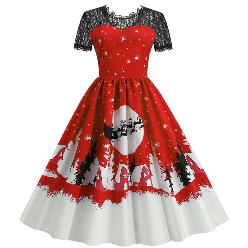 Holiday Lace-Trim Vintage Waist Dress