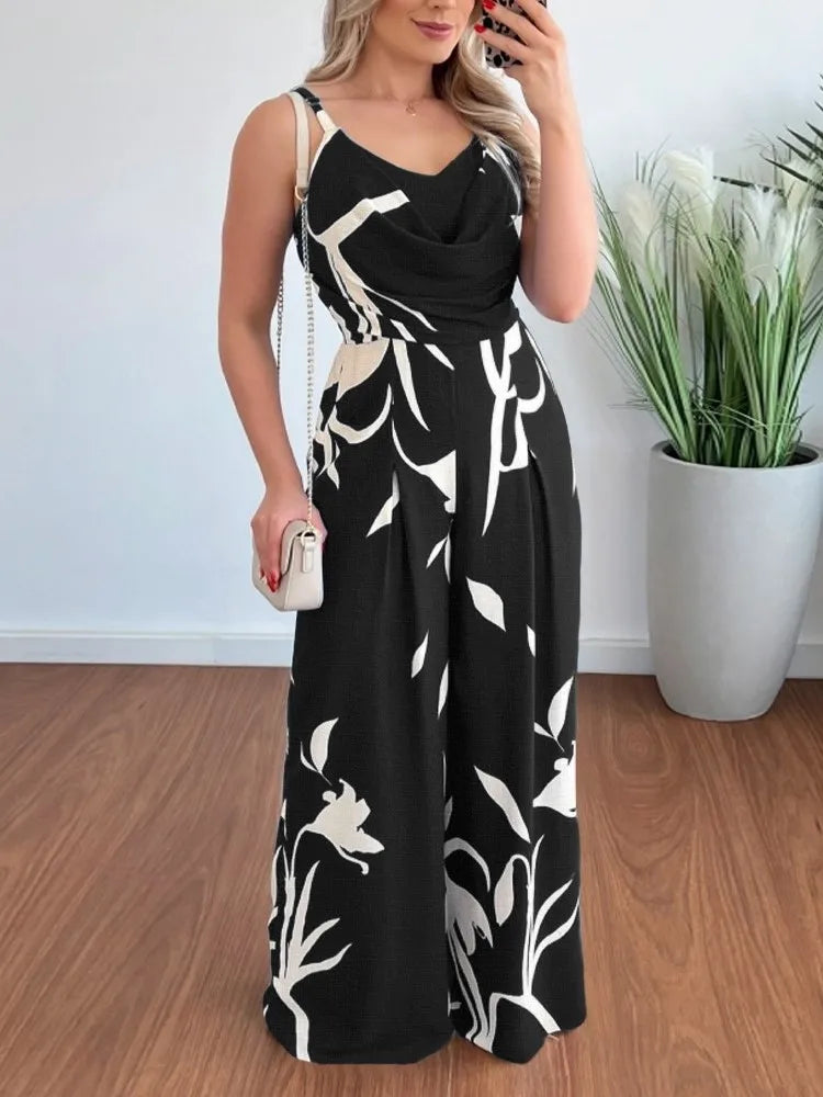 Elegant High-Waist Printed Wide-Leg Jumpsuit