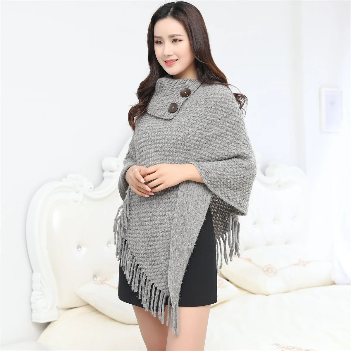 Boho Fringe Knit Cape