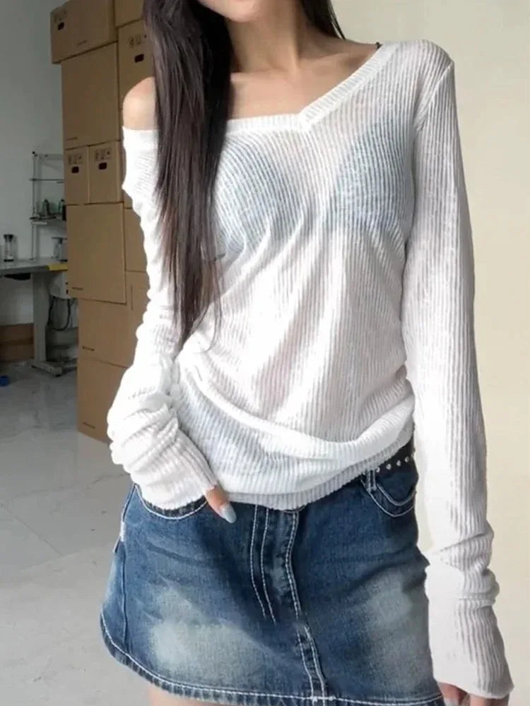 Sheer Stretch V-Neck Long Sleeve Tee