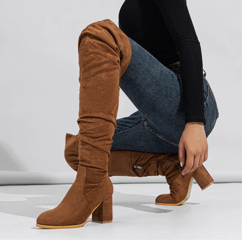 Zip-Up Flock Thigh-High Boots