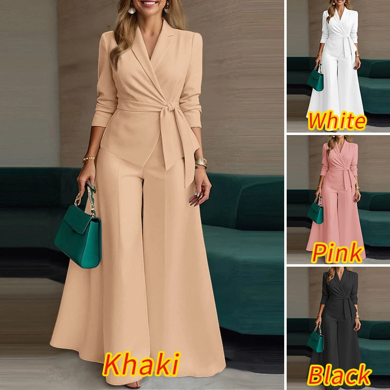 ZANZEA Women’s Belted Blazer & Wide-Leg Pant Set