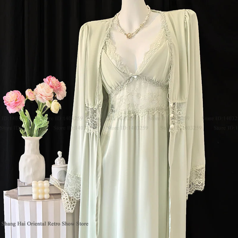 New Female Long Robe Nightgown Set Sexy Lace Trim Sleepwear Suspender Nightdress Spring Summer Casual Satin Home Dress Bathrobe