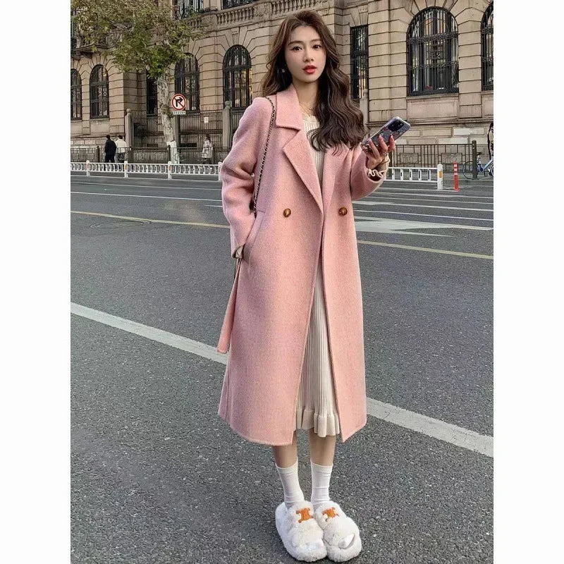 Elegant Pink Belted Wool Coat