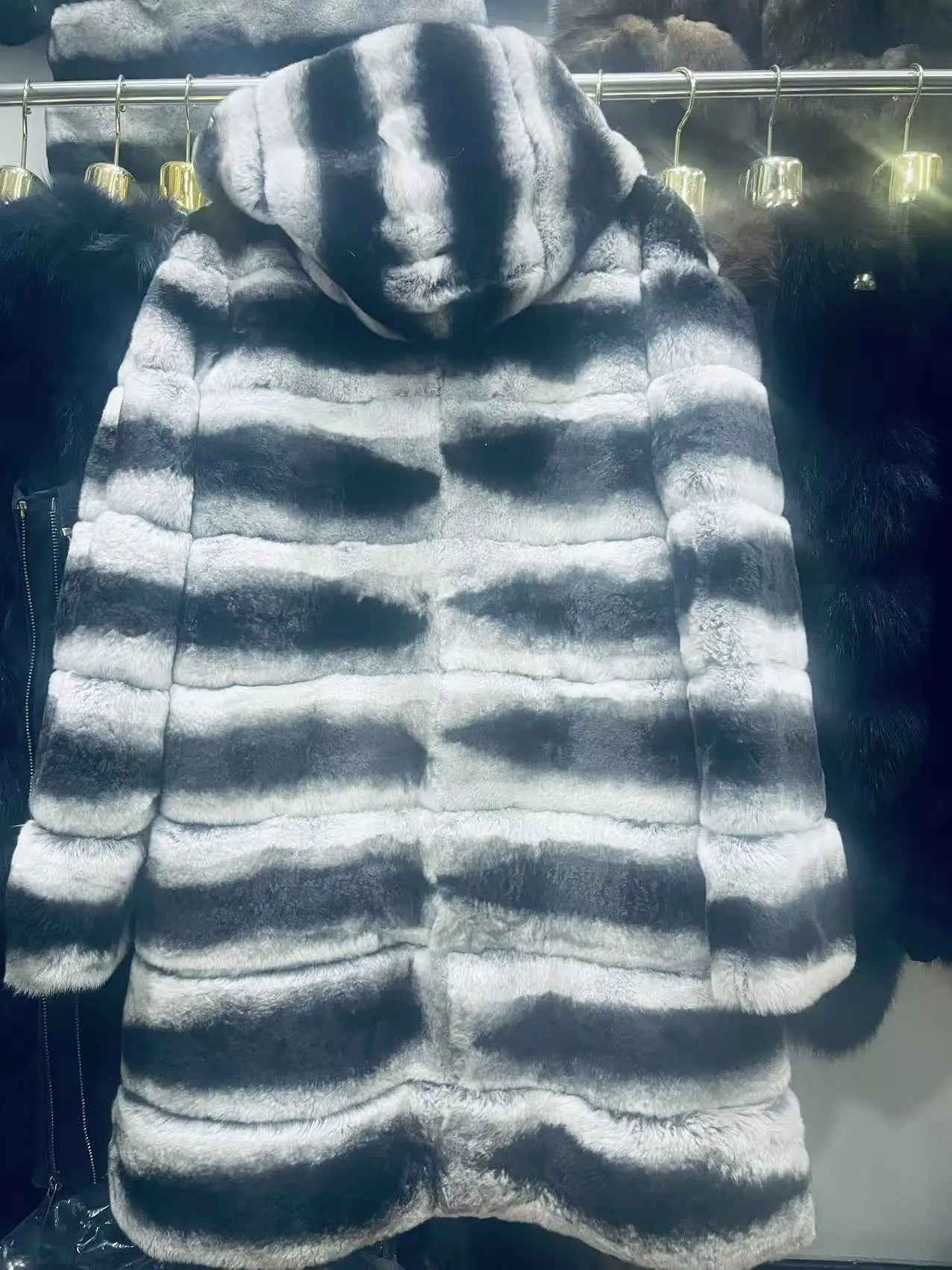 Luxury Rex Rabbit Fur Coat with Hood