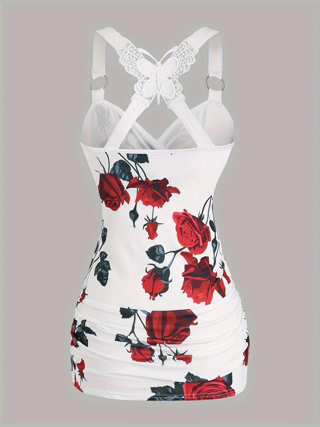 Rose Print Cross-Back Lace Camisole