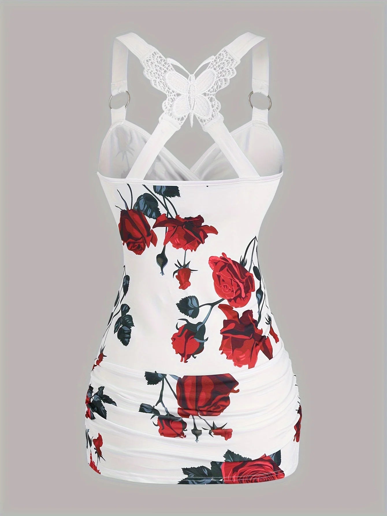 Rose Print Cross-Back Lace Camisole
