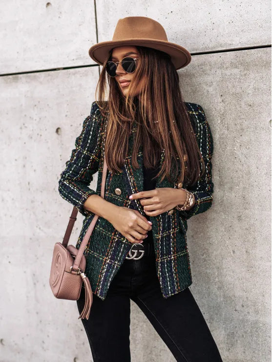 Vintage Plaid Double-Breasted Blazer