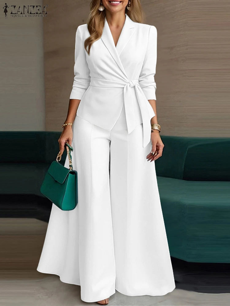 ZANZEA Women’s Belted Blazer & Wide-Leg Pant Set