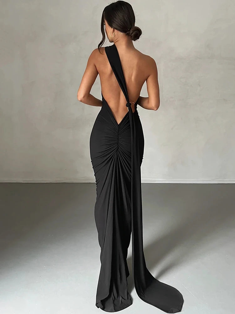 One-Shoulder Scarf Loop Maxi Dress