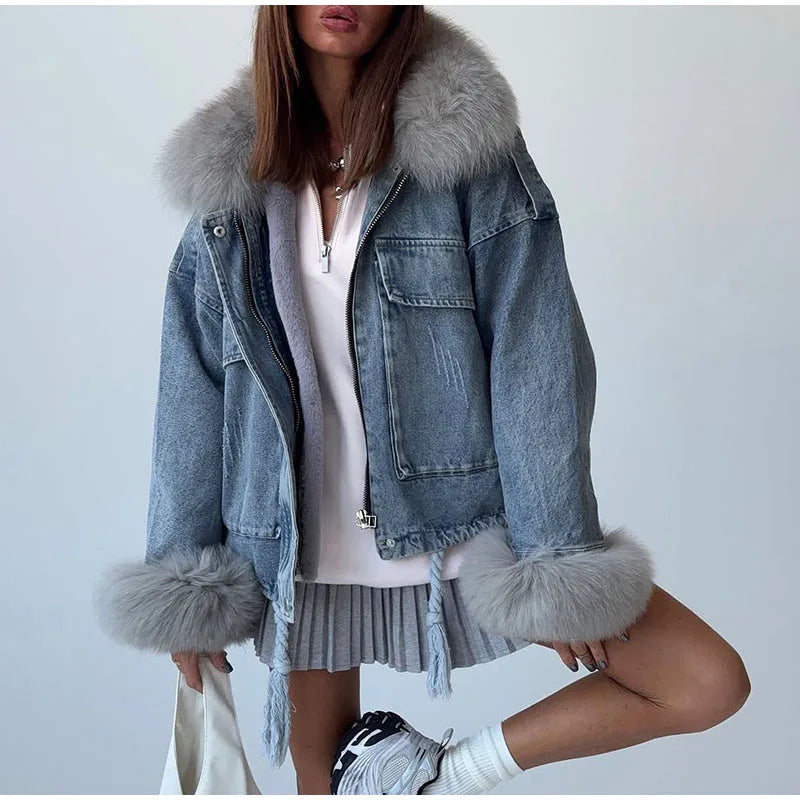 Faux Fur Collar & Cuffs Denim Jacket