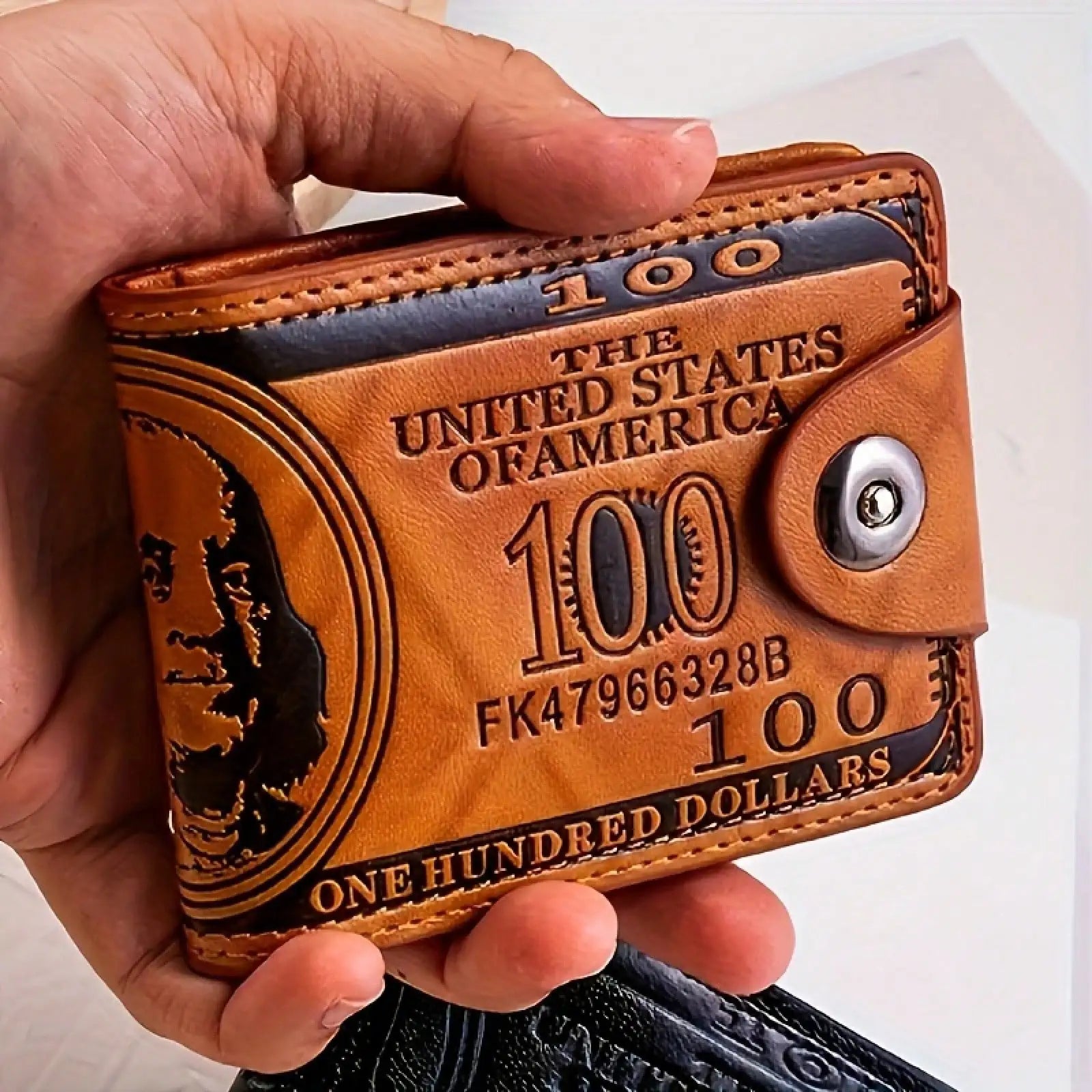 Men’s Leather Photo & Card Wallet – “100 USD Pattern