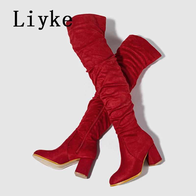 Zip-Up Flock Thigh-High Boots