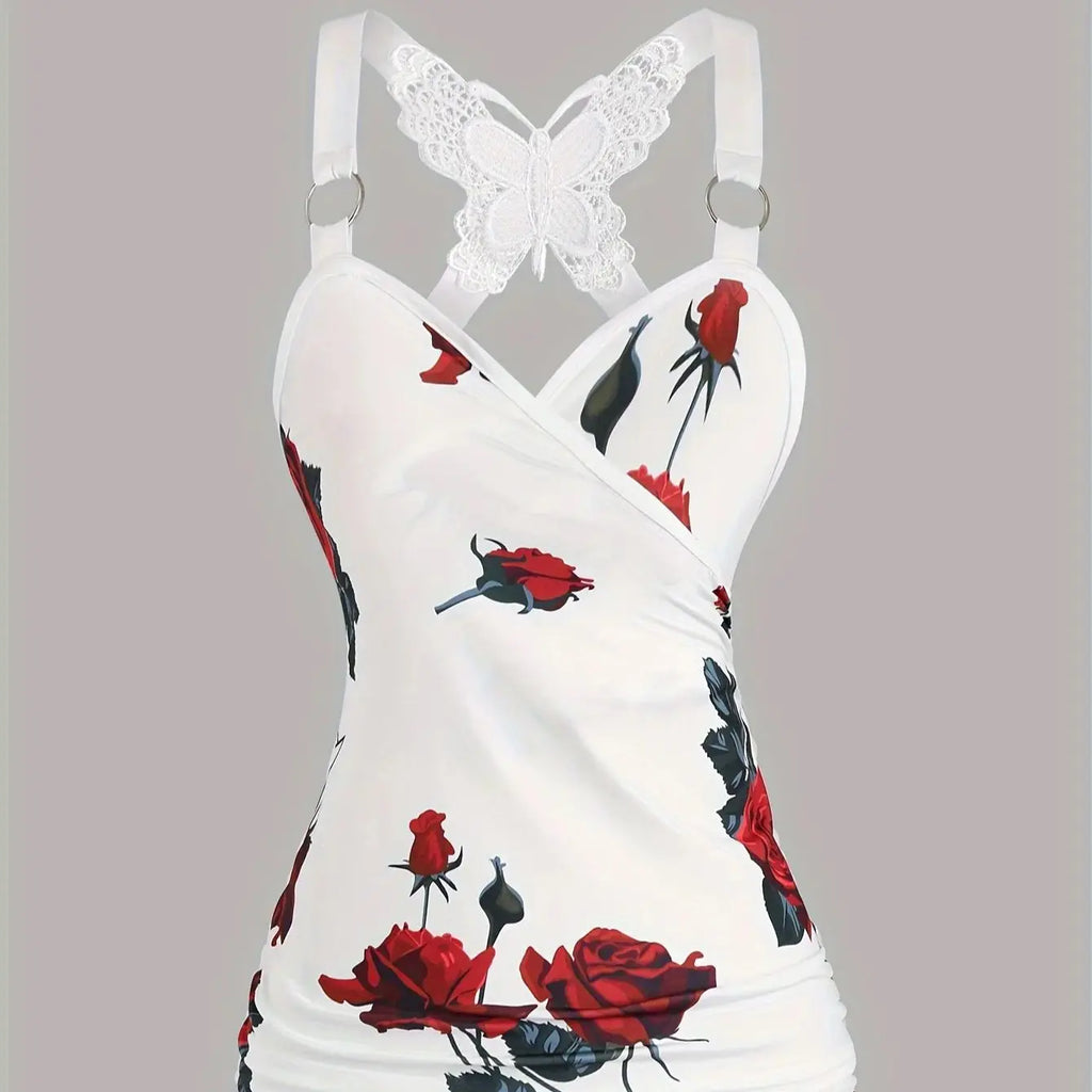 Rose Print Cross-Back Lace Camisole