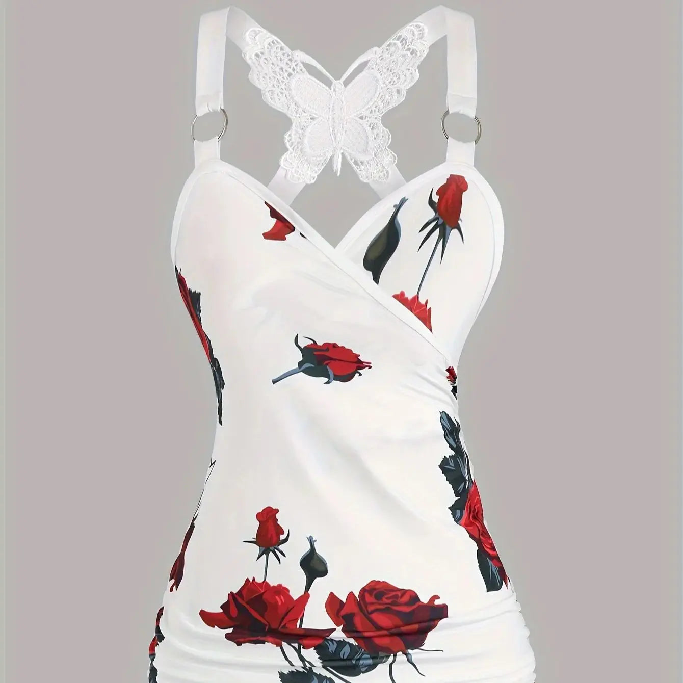 Rose Print Cross-Back Lace Camisole