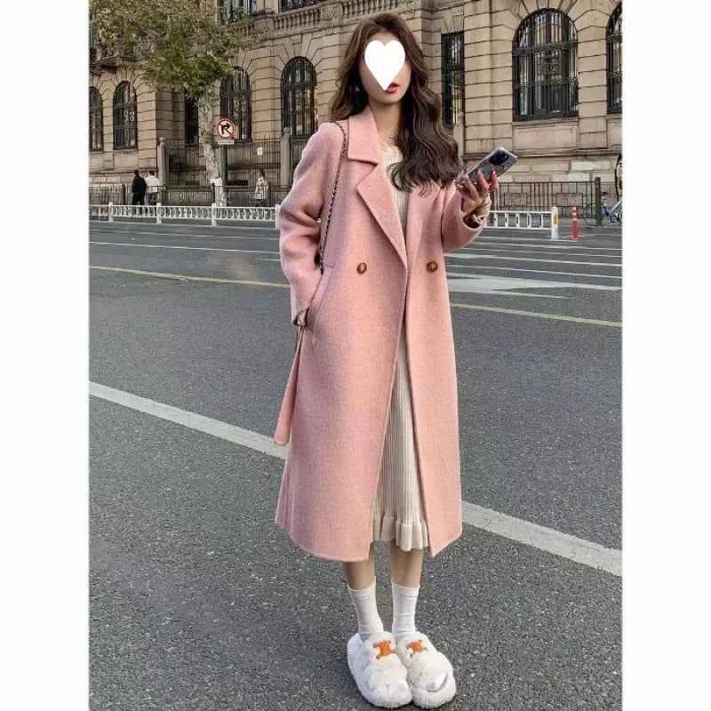 Elegant Pink Belted Wool Coat