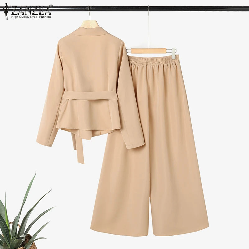 ZANZEA Women’s Belted Blazer & Wide-Leg Pant Set