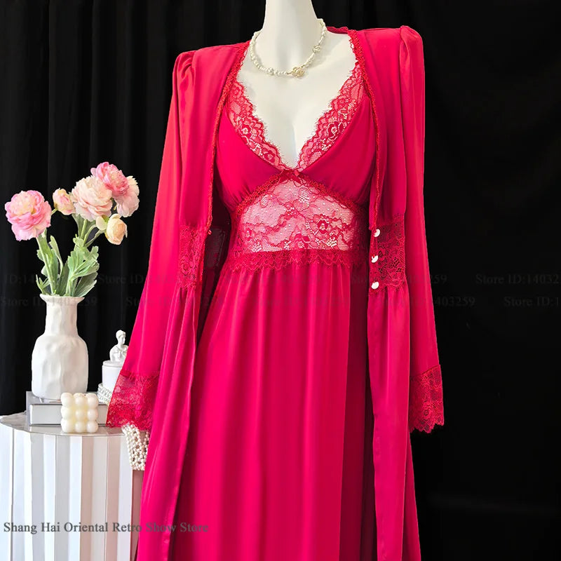 New Female Long Robe Nightgown Set Sexy Lace Trim Sleepwear Suspender Nightdress Spring Summer Casual Satin Home Dress Bathrobe