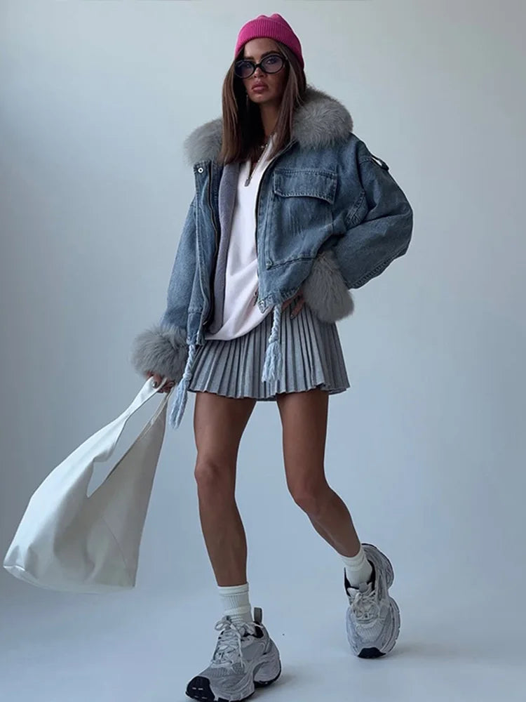 Faux Fur Collar & Cuffs Denim Jacket