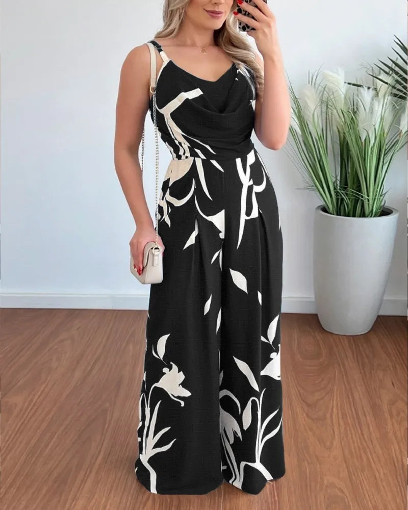 Elegant High-Waist Printed Wide-Leg Jumpsuit