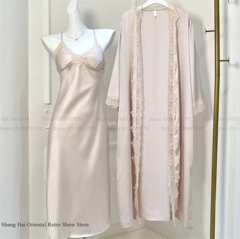 New Female Long Robe Nightgown Set Sexy Lace Trim Sleepwear Suspender Nightdress Spring Summer Casual Satin Home Dress Bathrobe