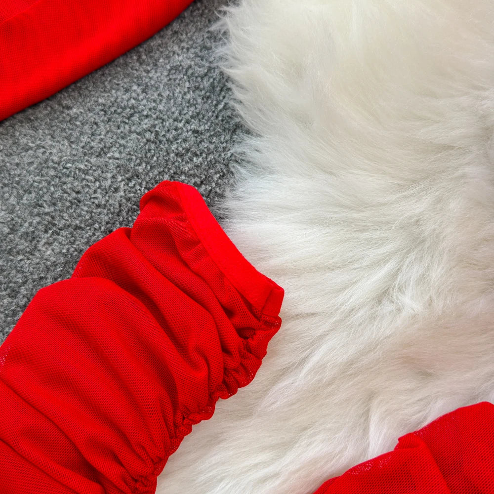 Women Christmas Mesh Hip Dress Lady Winter Festival Night Out Date Dress Female Sexi Hotsweet Strapless Dress With Golves Ribbon