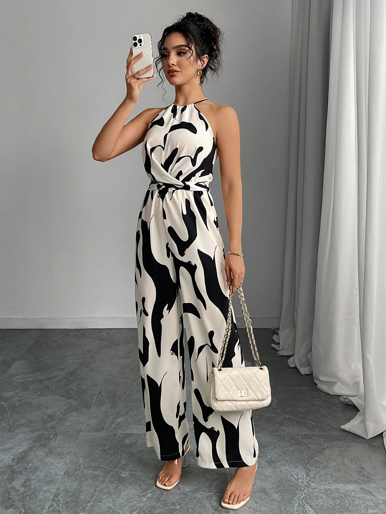 Zebra Charm Lace-Up Wide Leg Jumpsuit