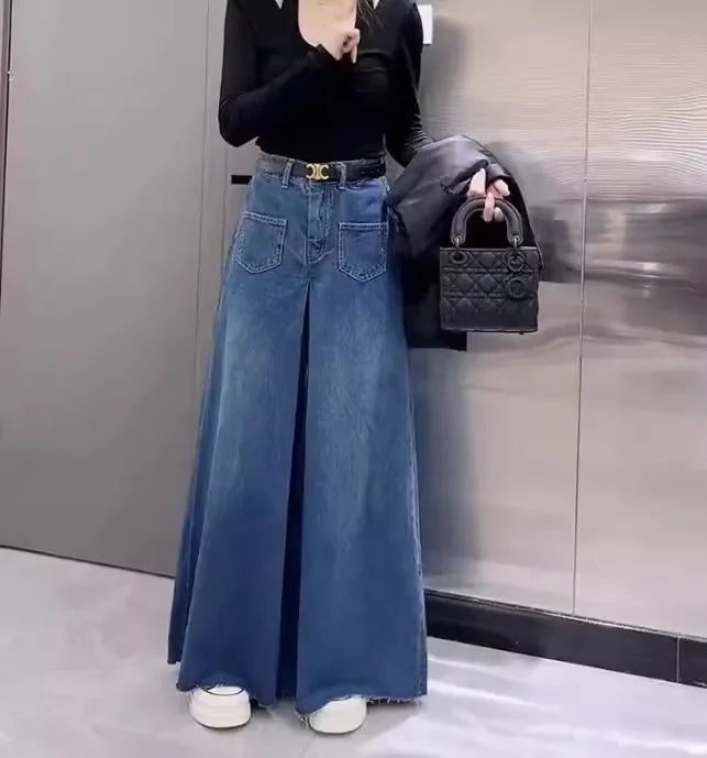 Retro High-Waist Wide-Leg Denim Pants