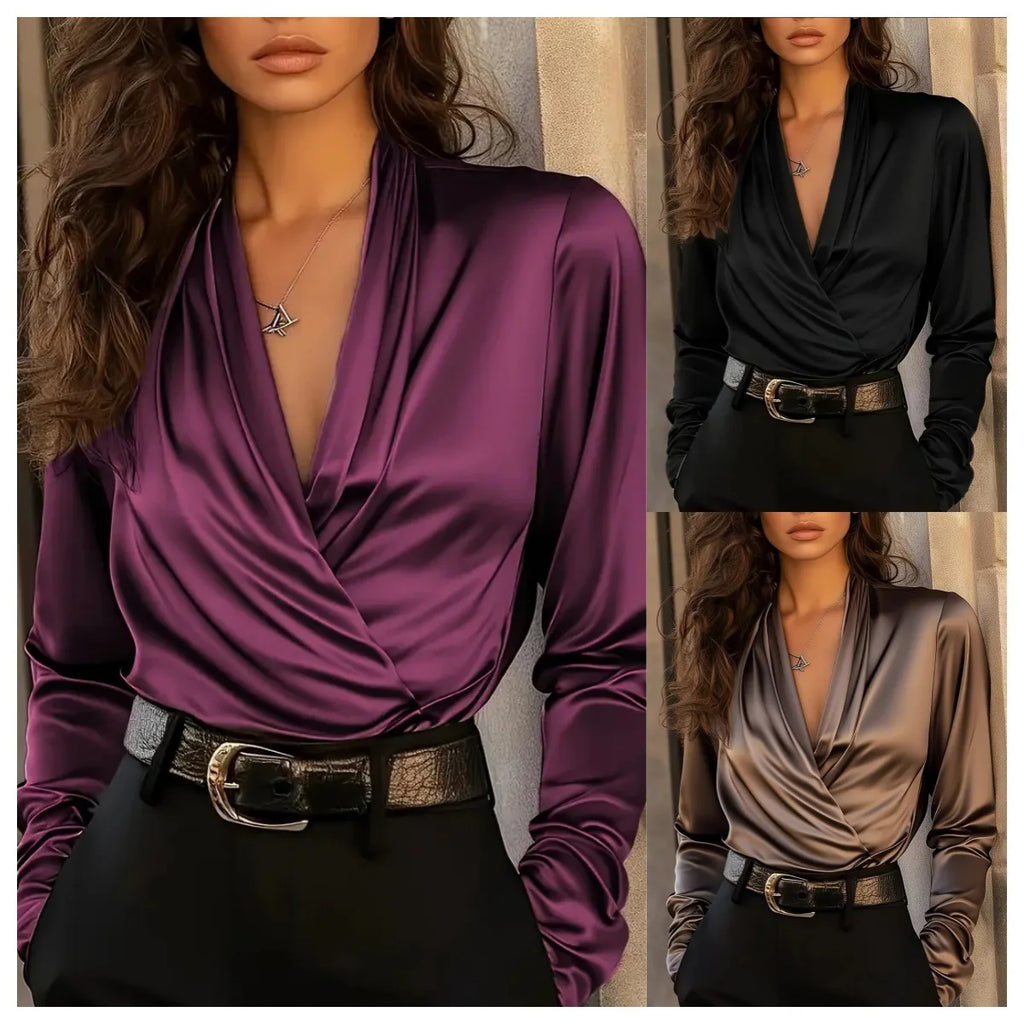 Elegant Satin V-Neck Pleated Blouse