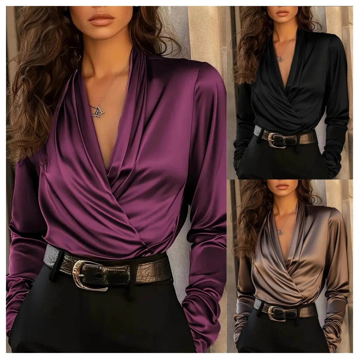 Elegant Satin V-Neck Pleated Blouse