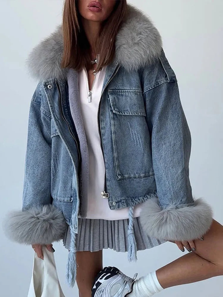 Faux Fur Collar & Cuffs Denim Jacket