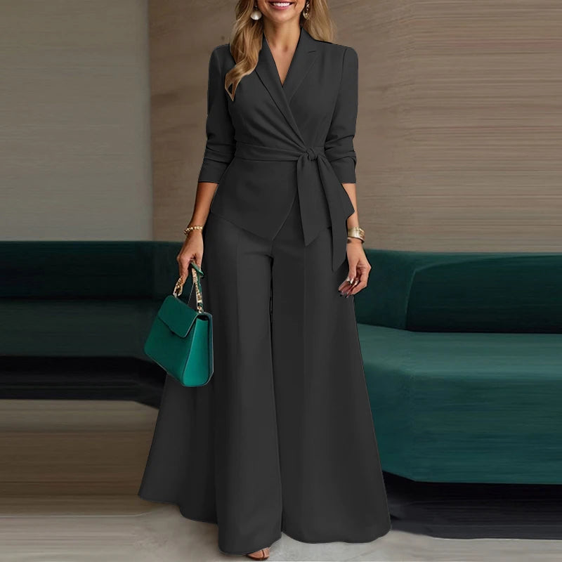 ZANZEA Women’s Belted Blazer & Wide-Leg Pant Set