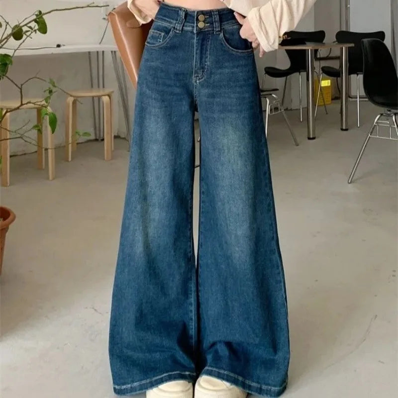 High-Waist Wide-Leg Stretch Denim Pants