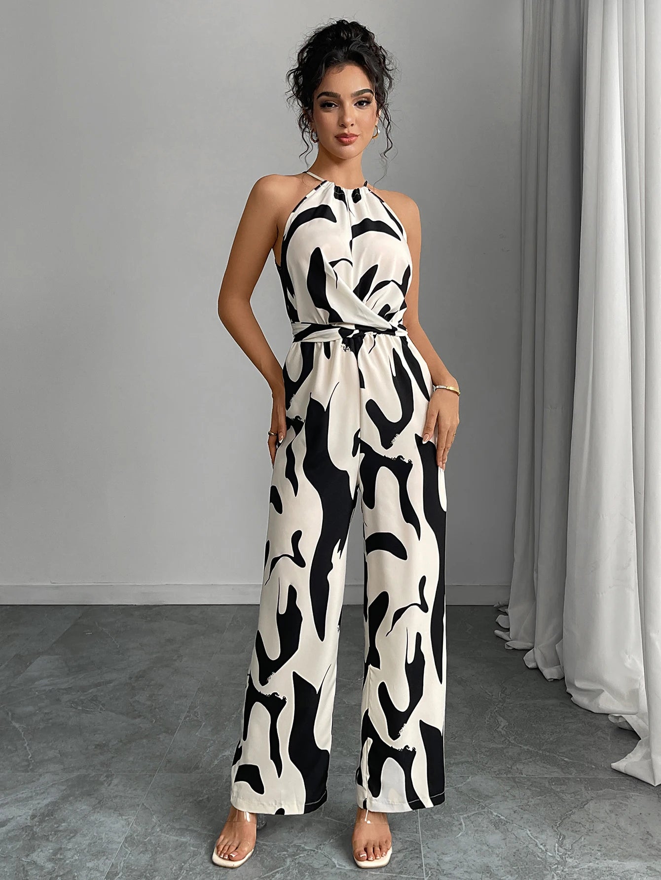 Zebra Charm Lace-Up Wide Leg Jumpsuit