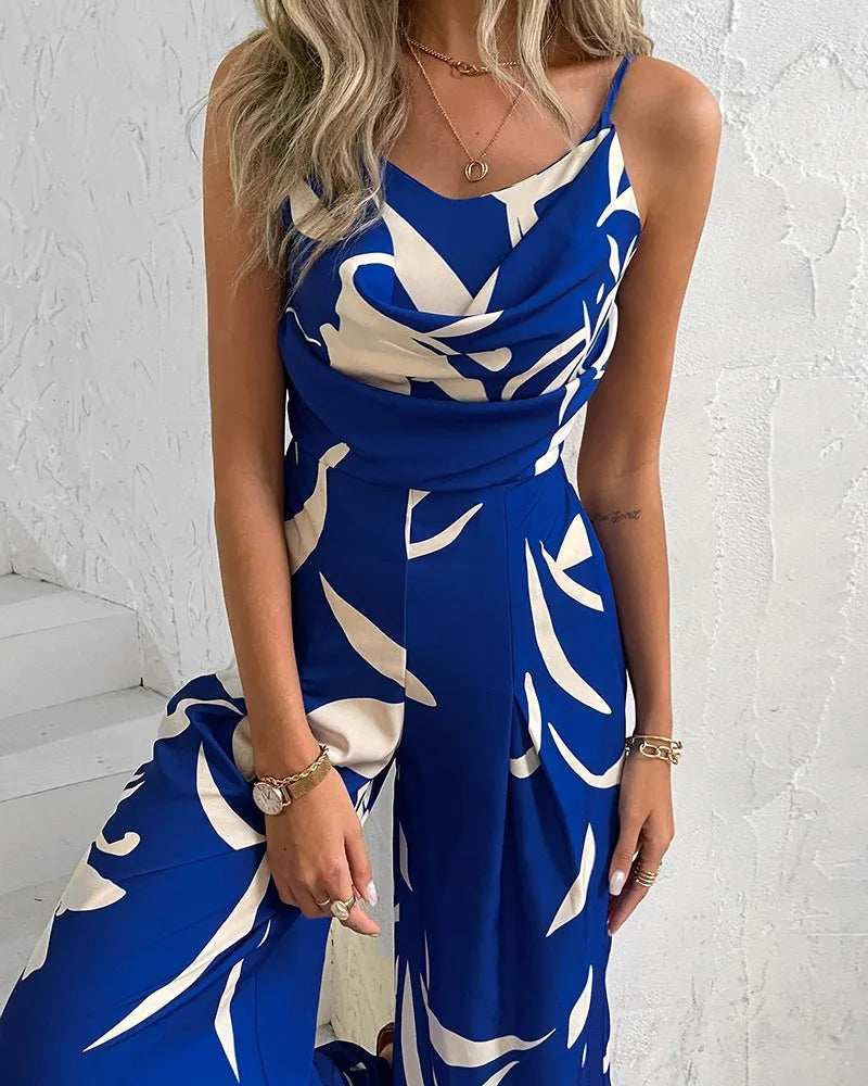Elegant High-Waist Printed Wide-Leg Jumpsuit
