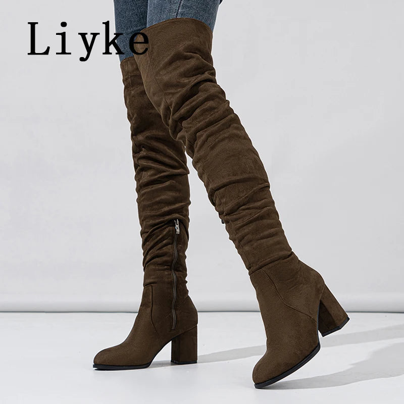 Zip-Up Flock Thigh-High Boots