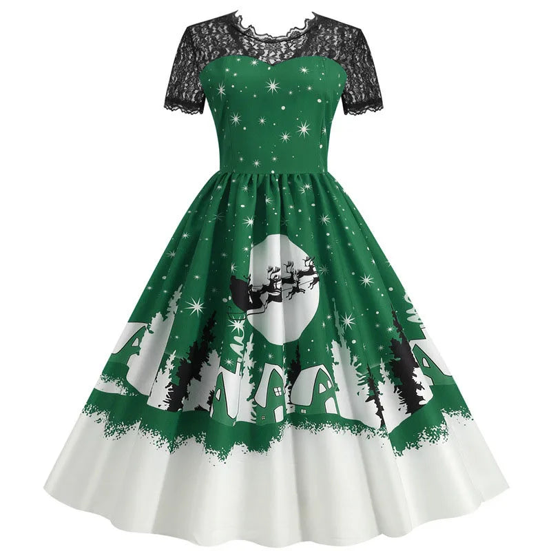 Holiday Lace-Trim Vintage Waist Dress