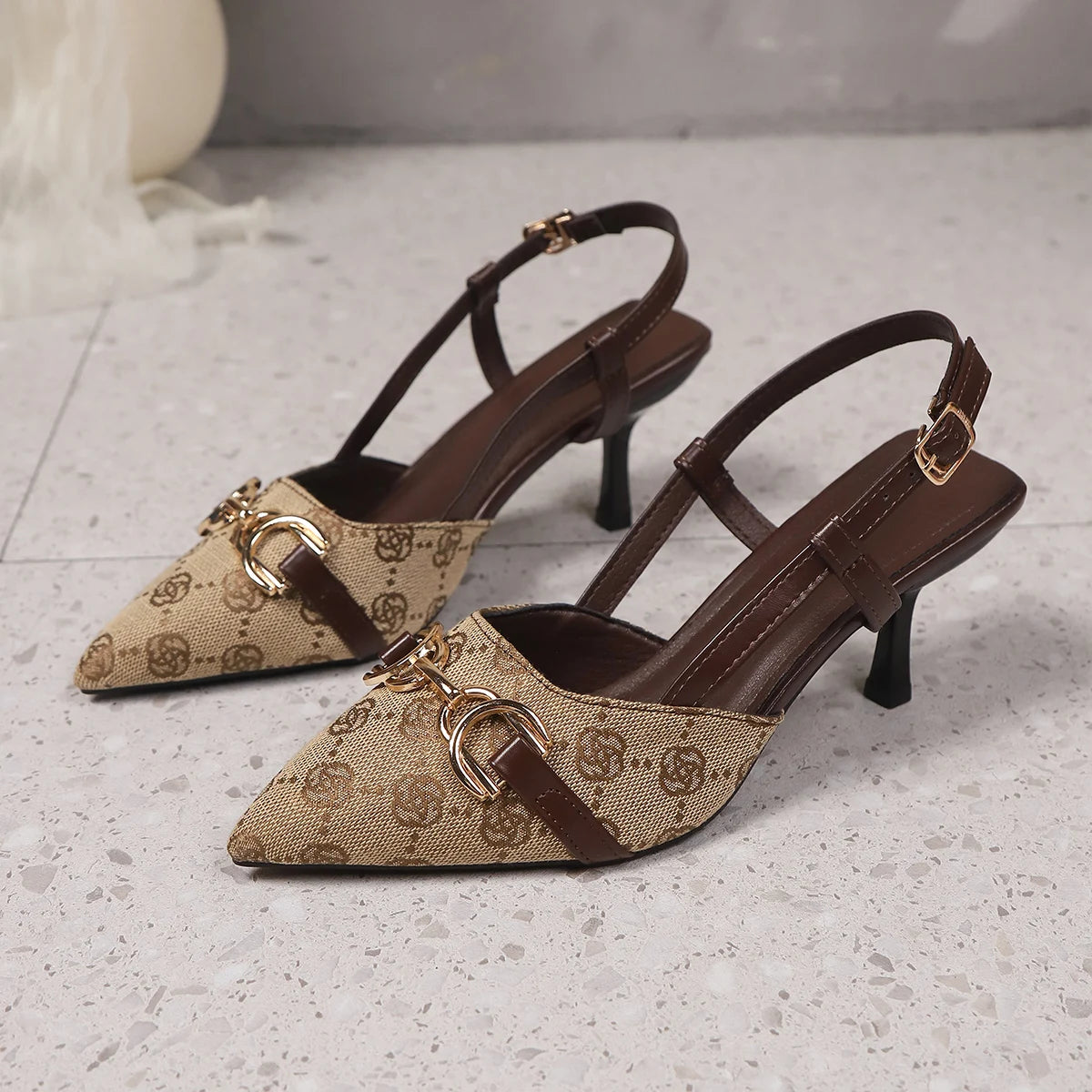 Metal-Buckle Pointed Toe Heeled Sandals