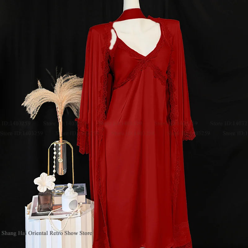 New Female Long Robe Nightgown Set Sexy Lace Trim Sleepwear Suspender Nightdress Spring Summer Casual Satin Home Dress Bathrobe