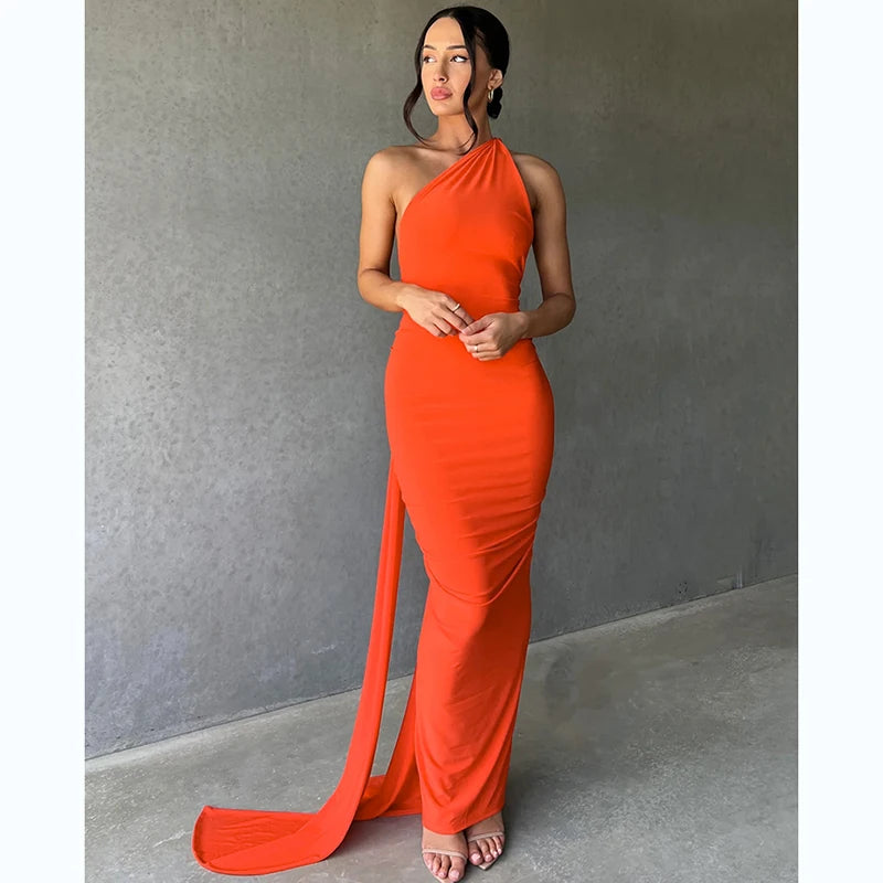 One-Shoulder Scarf Loop Maxi Dress