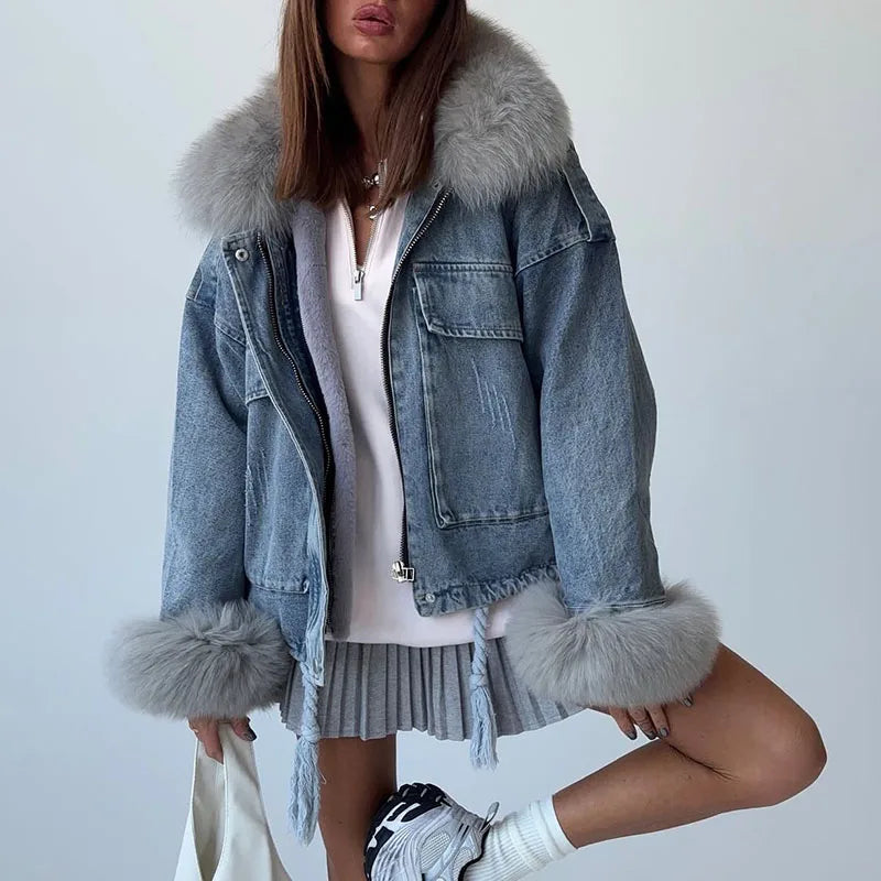 Faux Fur Collar & Cuffs Denim Jacket
