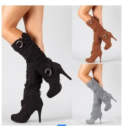 Suede-Style Buckle Knee-High Stiletto Boots for Women